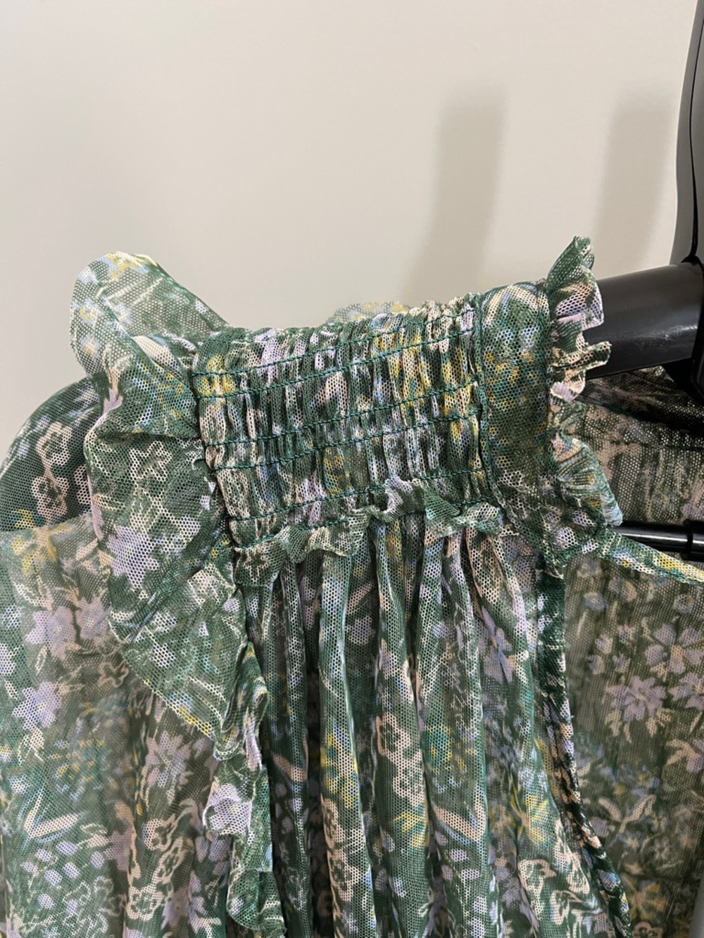 Free People Twyla Green Floral Tie-Front Shirred Waist Blouse - Size Small - Picture 10 of 11